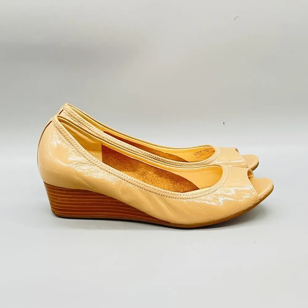 Cole Haan Shoes Womens 6.5 Beige Patent Leather Vtg Air Wedge Peep Toe Comfort